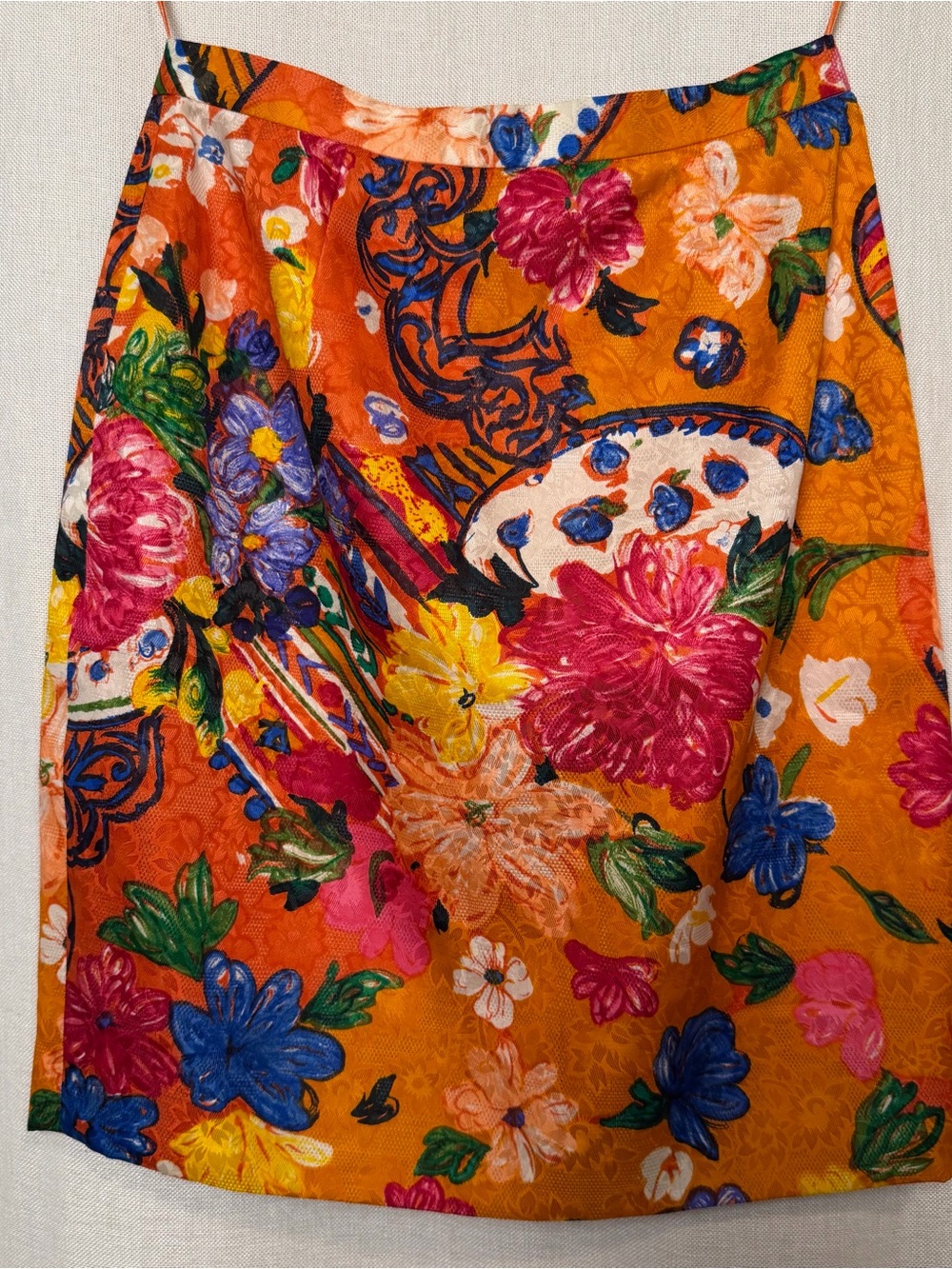 Vintage 100% Silk Orange Floral A-Line Skirt